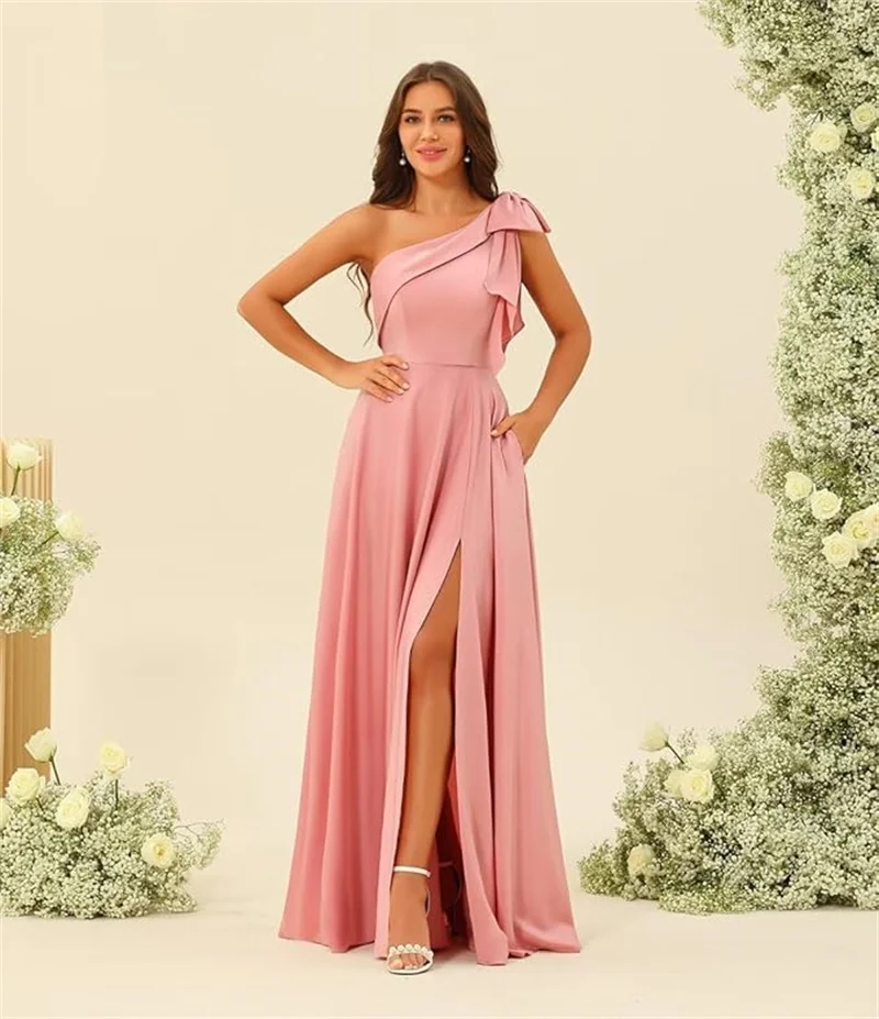 

Customized Women's Beautiful Special A Line One Shoulder Satin Bridesmaid Dresses with Bow Long A Line Formal Dresses with Slit