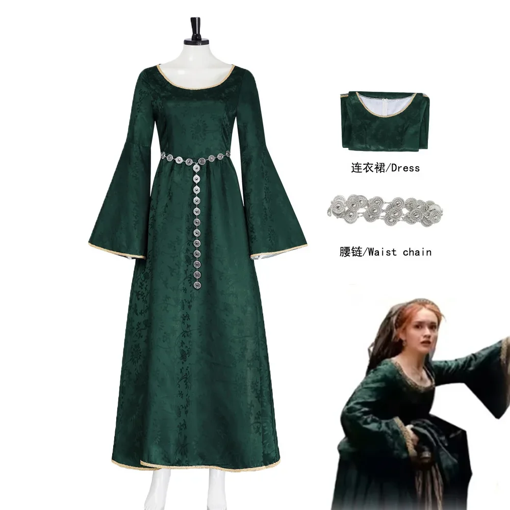 Alicent Cosplay Hightower Drachenmädchen-Kostüm Grünes Trompetenärmel-Jacquard-Langkleid Halloween-Karneval-Kostüm für Damen