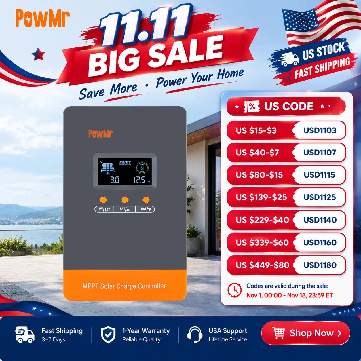 PowMr MPPT 80A/100A Charger Controller 12V 24V 36V 48V Battery Voltage Auto Up to 12 Units in Parallel for 160V Solar Panel US