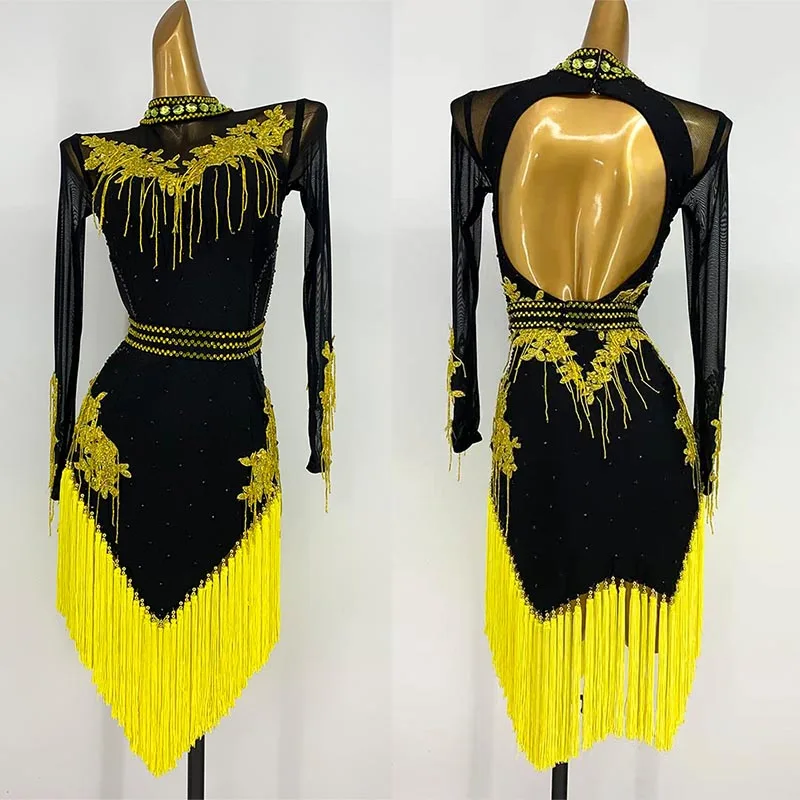 High End Latin Dance Dress Women Embroidery Backless Fringe Dress Girls Cha Cha Rumba Dance Clothing Competition Dress BL14571