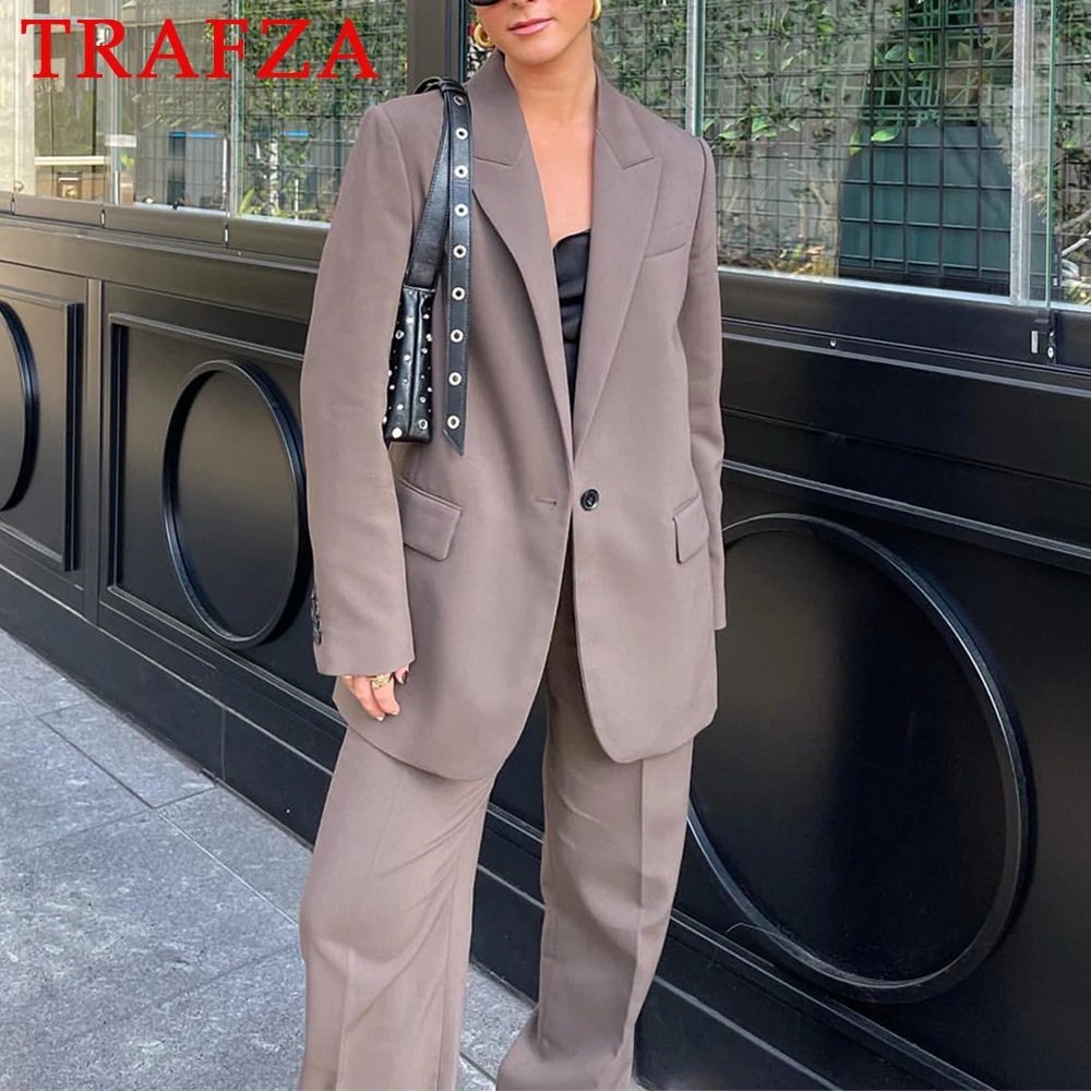 TRAFZA Woman Fashion 2024 Autumn Brown Office Lady Woman Suits Loose V Neck Blazer+High Waist Long Leg Pants Vintage Women Sets