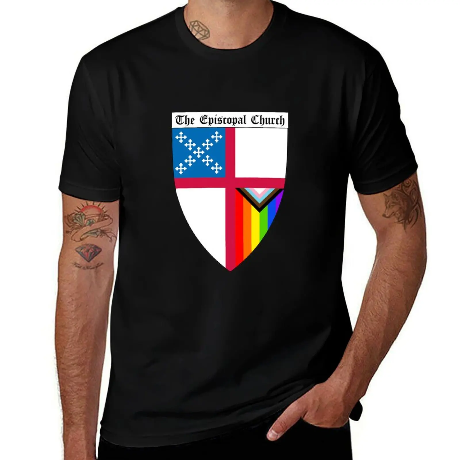 Episcopal Church Shield with Progressive Pride Flag Vertical Rainbow PNG Cut Out 2 T-Shirt customizeds Men's clothing