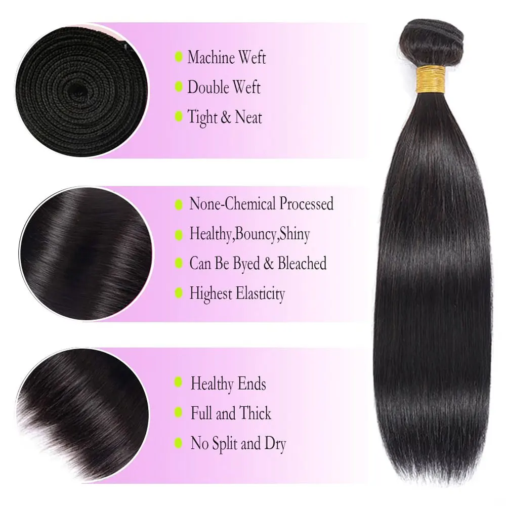 Extensiones de cabello liso largo brasileño de 14-32 pulgadas, 1/3/4 ofertas de extensiones, 100% extensiones de cabello humano virgen sin procesar, Color negro Natural