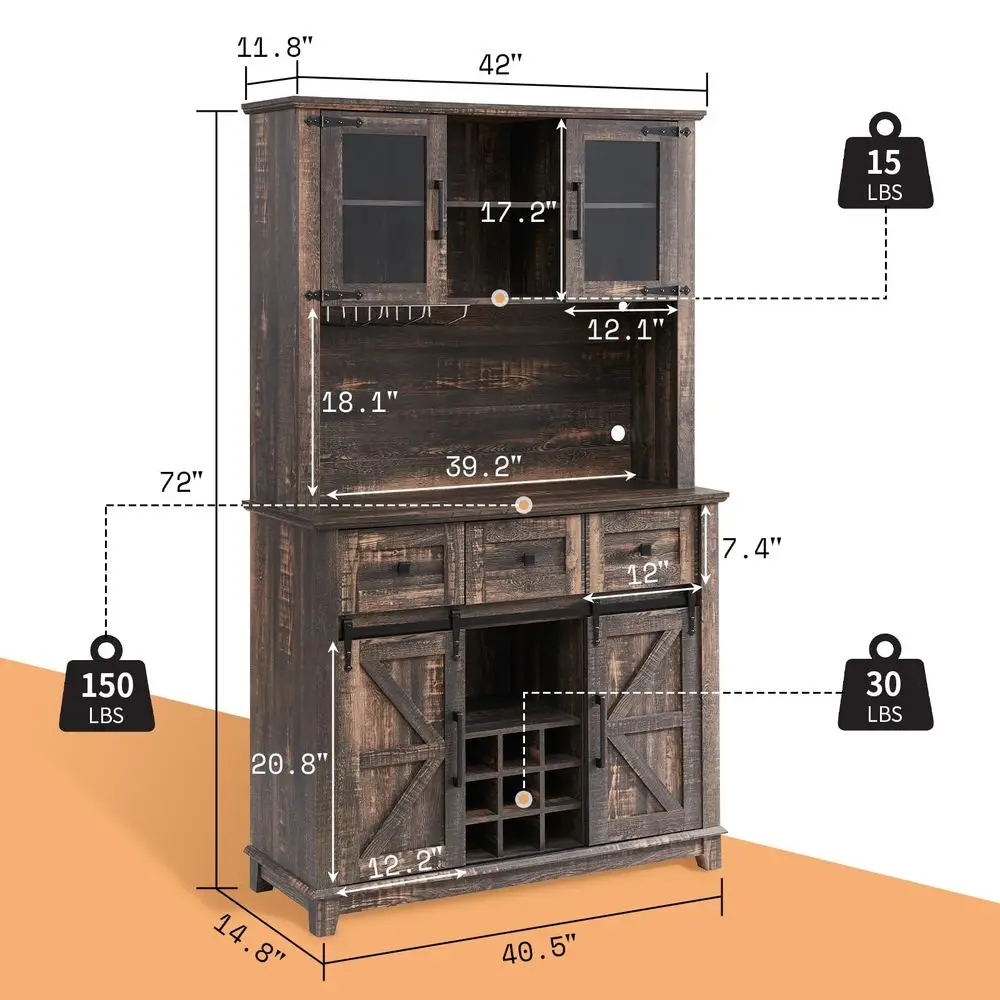 

72 Coffee Bar Wine Cabinet with Sliding Barn Door, Farmhouse Kitchen Sideboard, Buffet Storage Table, Wine Glass Racks, 3 Drawe
