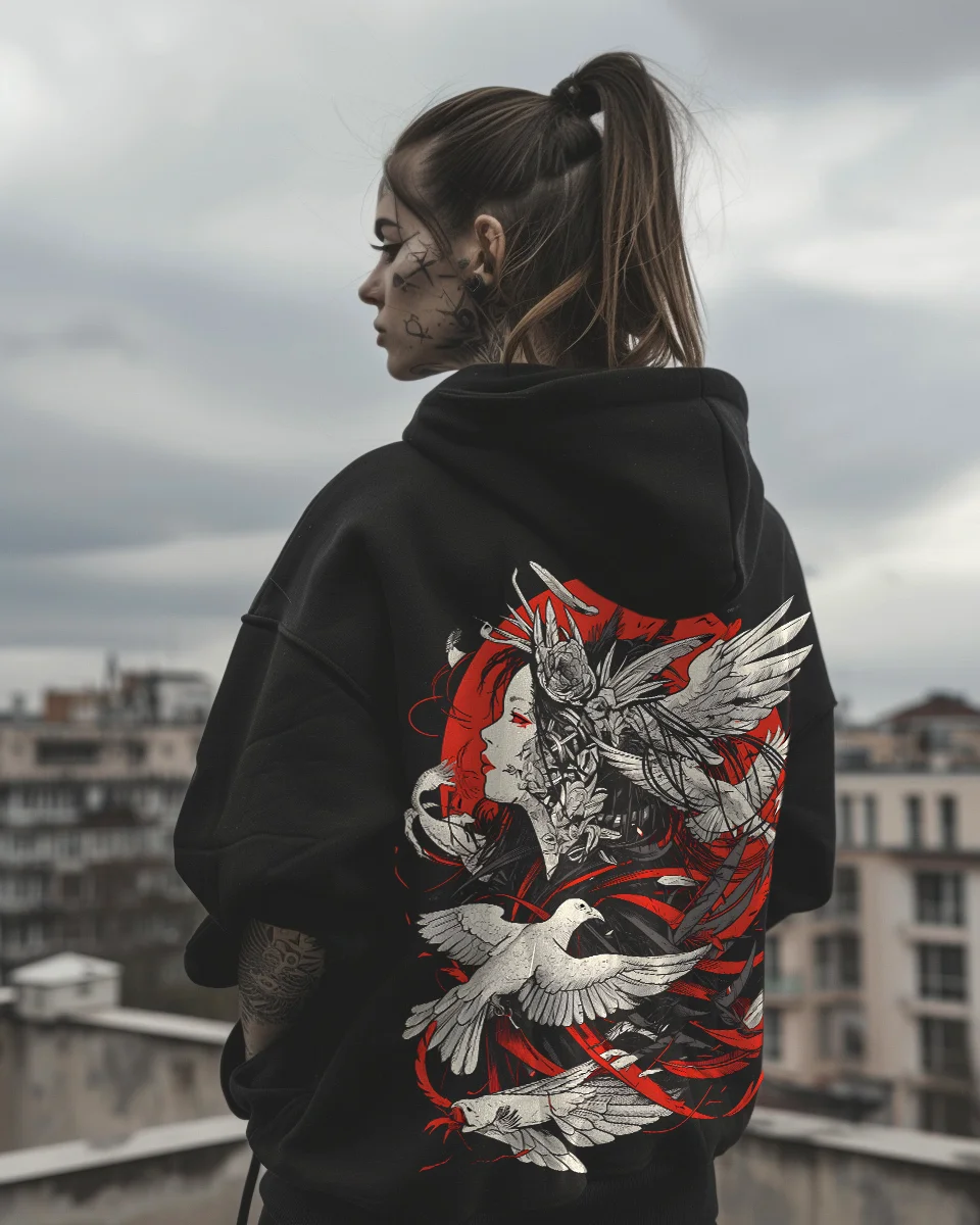 Men's Hoodie Dark Japanese Women's White Dove Red Moon Printed Death Metal Pattern Hoodie Gothic Street Wear Men's Top