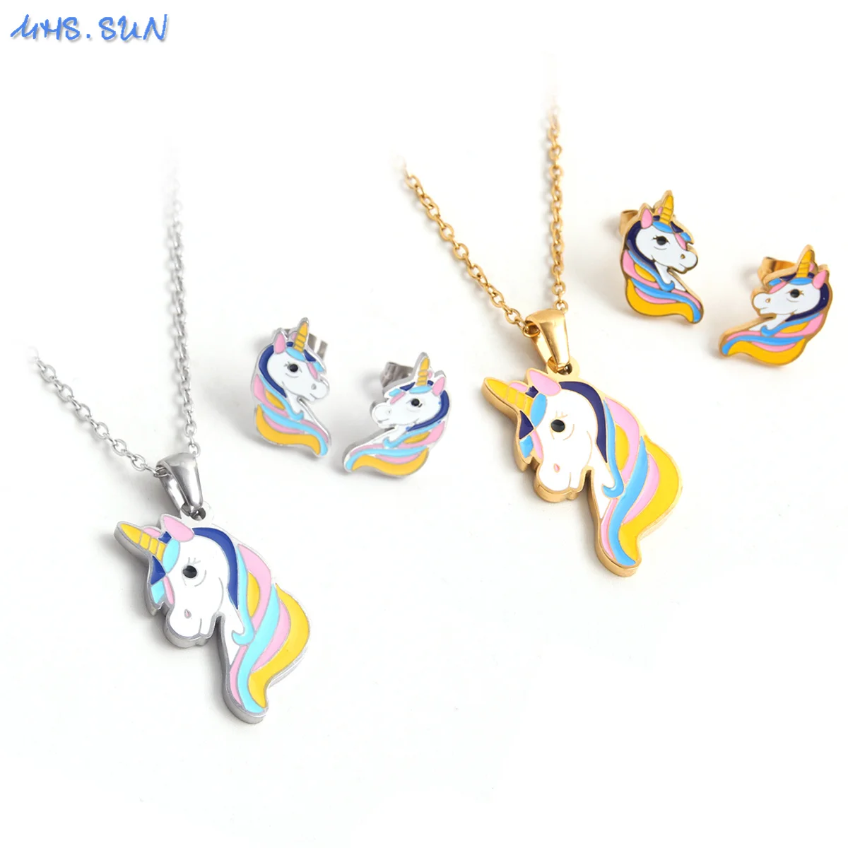 MHS.SUN Gold Silver Color Girls Jewelry Set Stainless Steel Magic Unicorn Necklace Colorful Drop Oil Earrings Lovely Women Gift