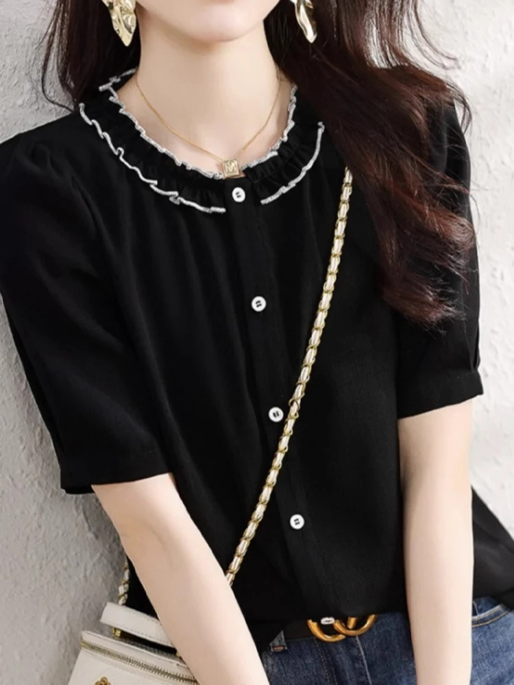 

Faionable Casual Comfortable ort Sve Women's Commute Sle Snowflake irt Summer Single Button Lace Collar Top