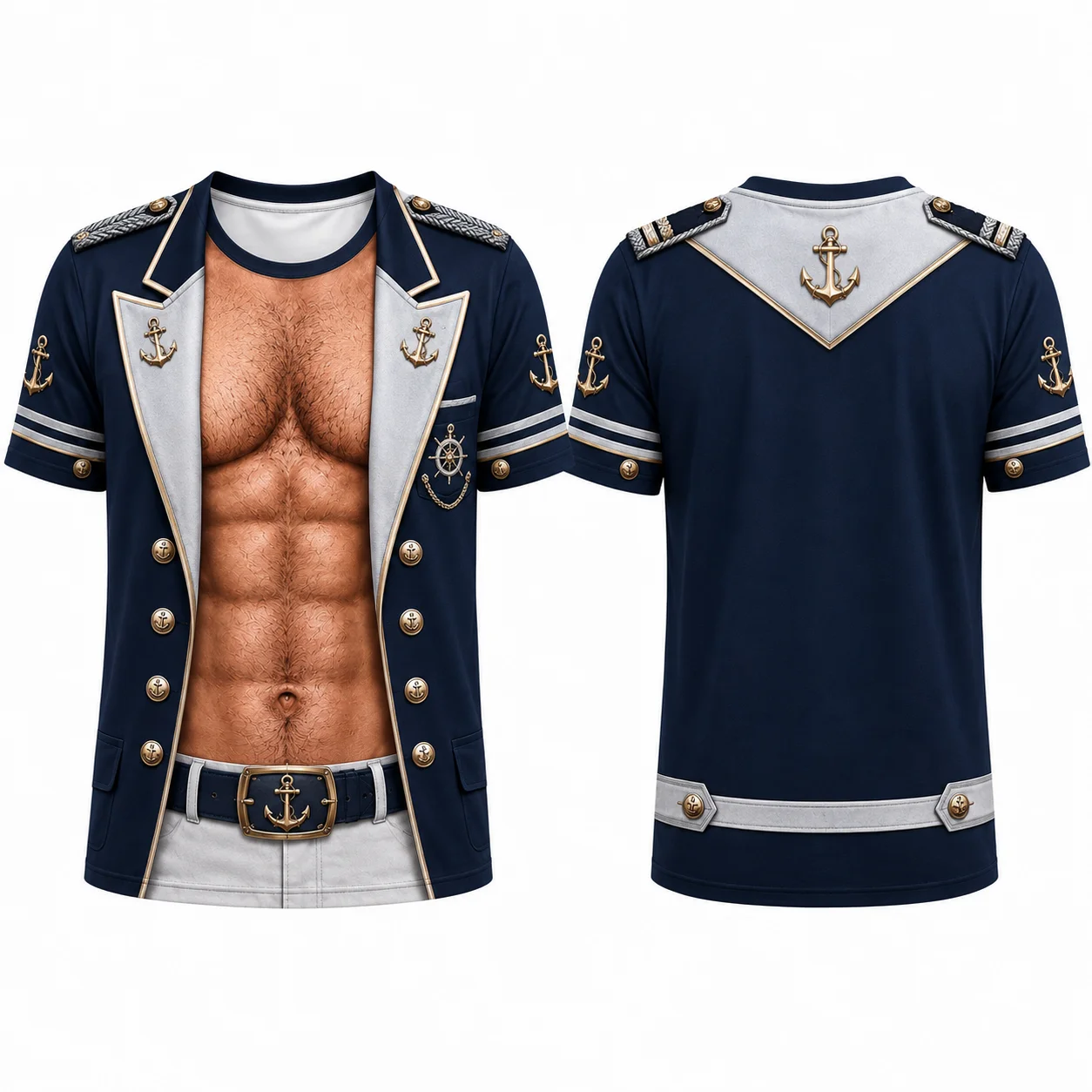 Funny Men’s Nautical T-Shirt, Captain Jacket Muscle Chest Illusion Tee, 3D Print Sailor Costume Shirt, Unique Gift for Him