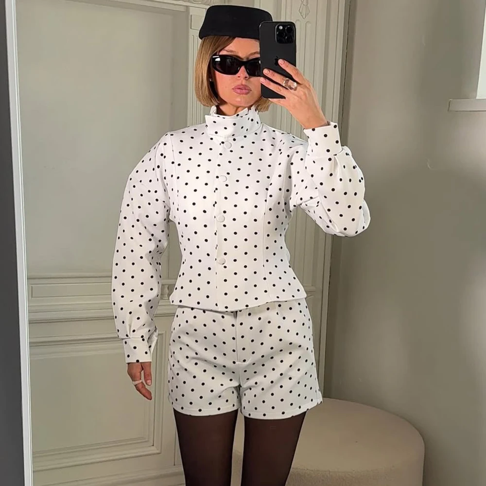 

Ticketsx Polka Dots Short Set Women's Stand Collar Single Breasted Top High Waist Short Set Female Casual Loose Commuter Outfit