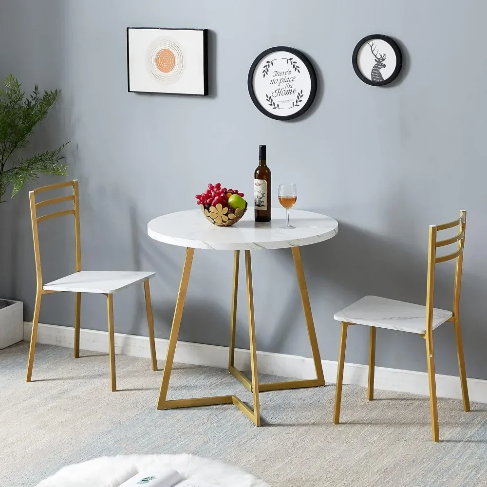 Small Round Dining Table Set for 2, Wood Marbled Tabletop with Steel Frame, Modern Dinette with Chairs for Kitchen