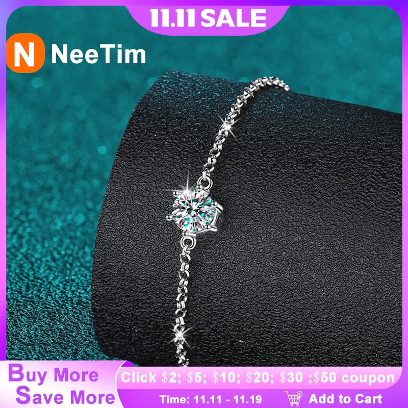 

NeeTim 1ct Moissanite Bracelets for Women Girl 925 Sterling Silver with Gold Plated Lab Diamond Bracelet Party Fine Jewelry Gift