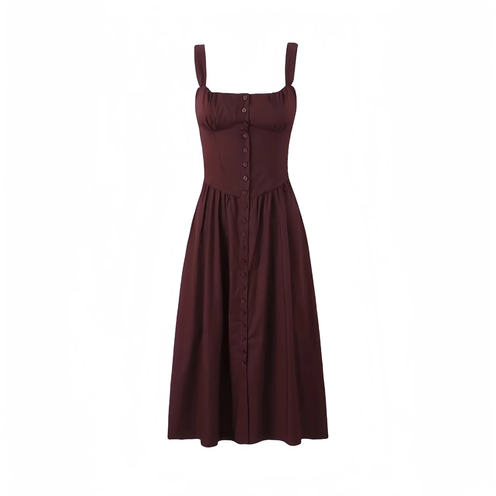 

Women Strapless Front Button Corset Tatiana Rich Brown Midi Sundress Dress