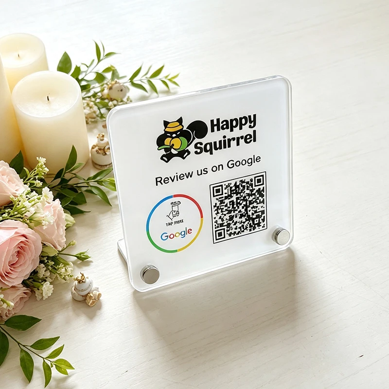 Customized Google Review QR Code NFC Sign Business Logo Mini Acrylic Plate with Bracket - UV Printed