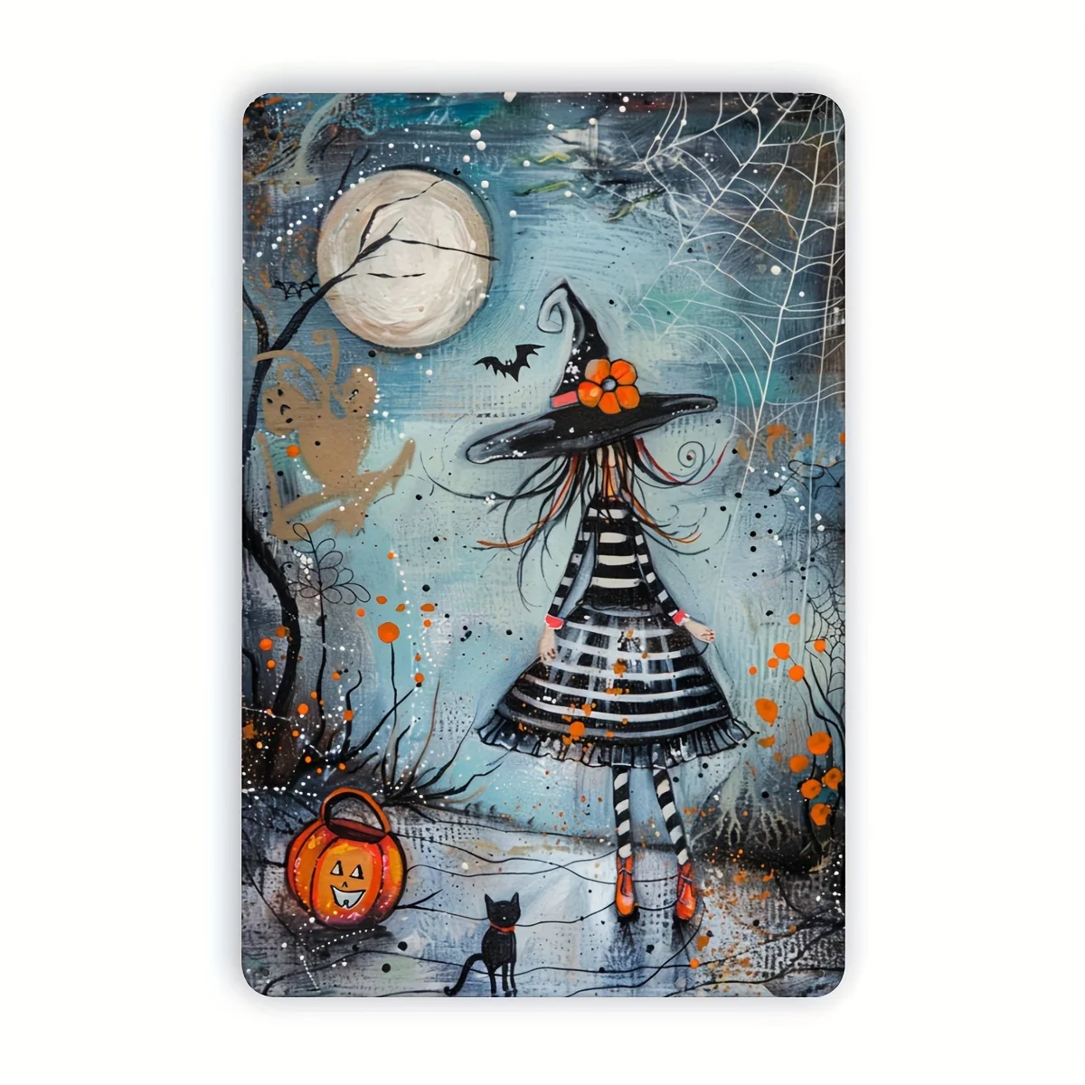 Pack of 1 Witch and Cat Vintage Metal Tin Sign, Iron Wall Art Decor, 20.32x30.48 cm, Indoor Outdoor Hanging Foil Engraved Plaque