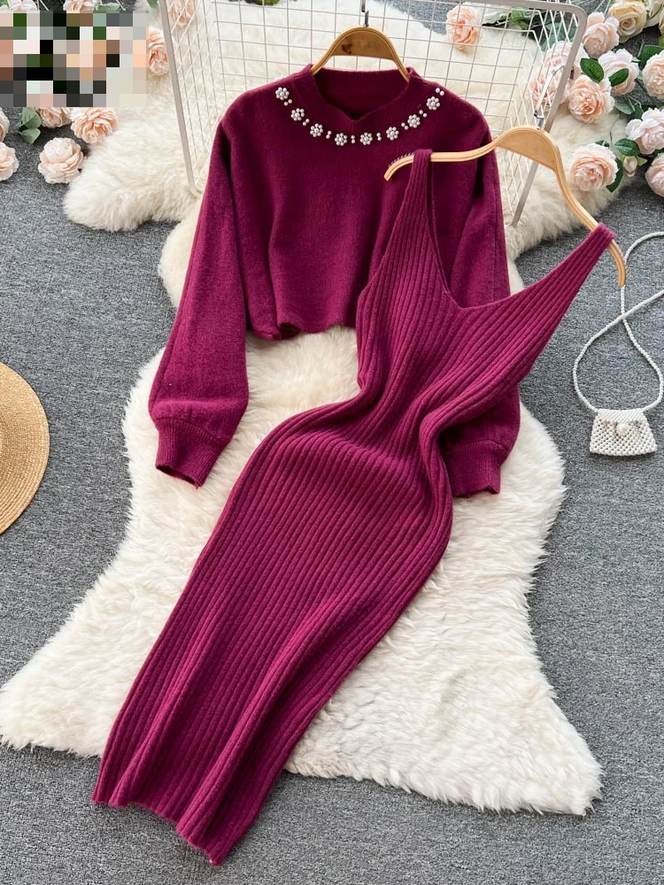 

Winter Women Knitted Sets Fashion Breading Long Sleeve Pearl Sweater+Knitted Camis Dress Sets Fashion Sweater Suits E6828