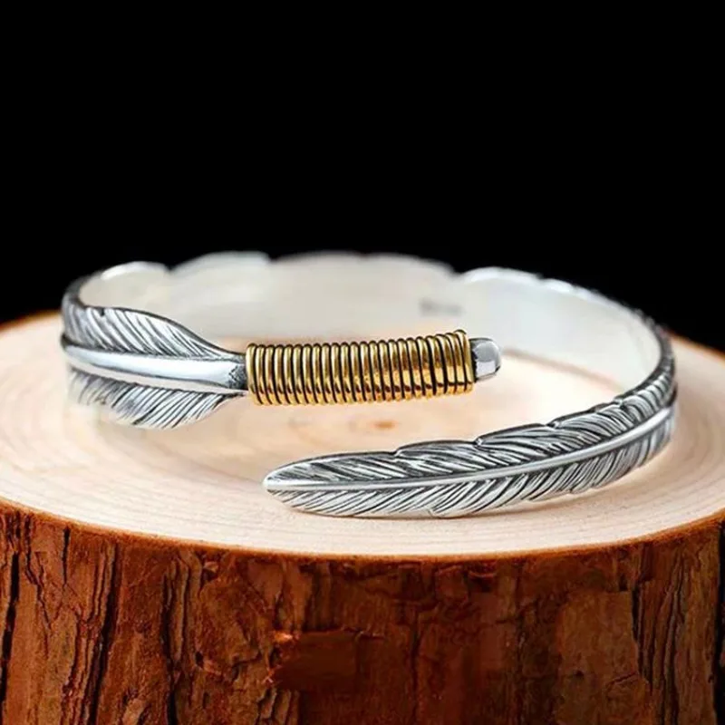 Vintage Punk Silver Color Worn Feather Cuff Bracelet for Men Women Creative Design Wrist Open Bangle Charm Jewelry Birthday Gift