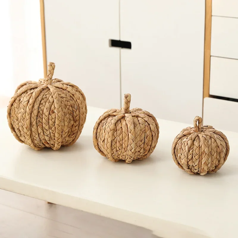 Hand Knitting Rattan Pumpkin Figurine Harvest Pumpkins Ornaments Statue Autumn Table Decoration Fall Decorations Home Figurines