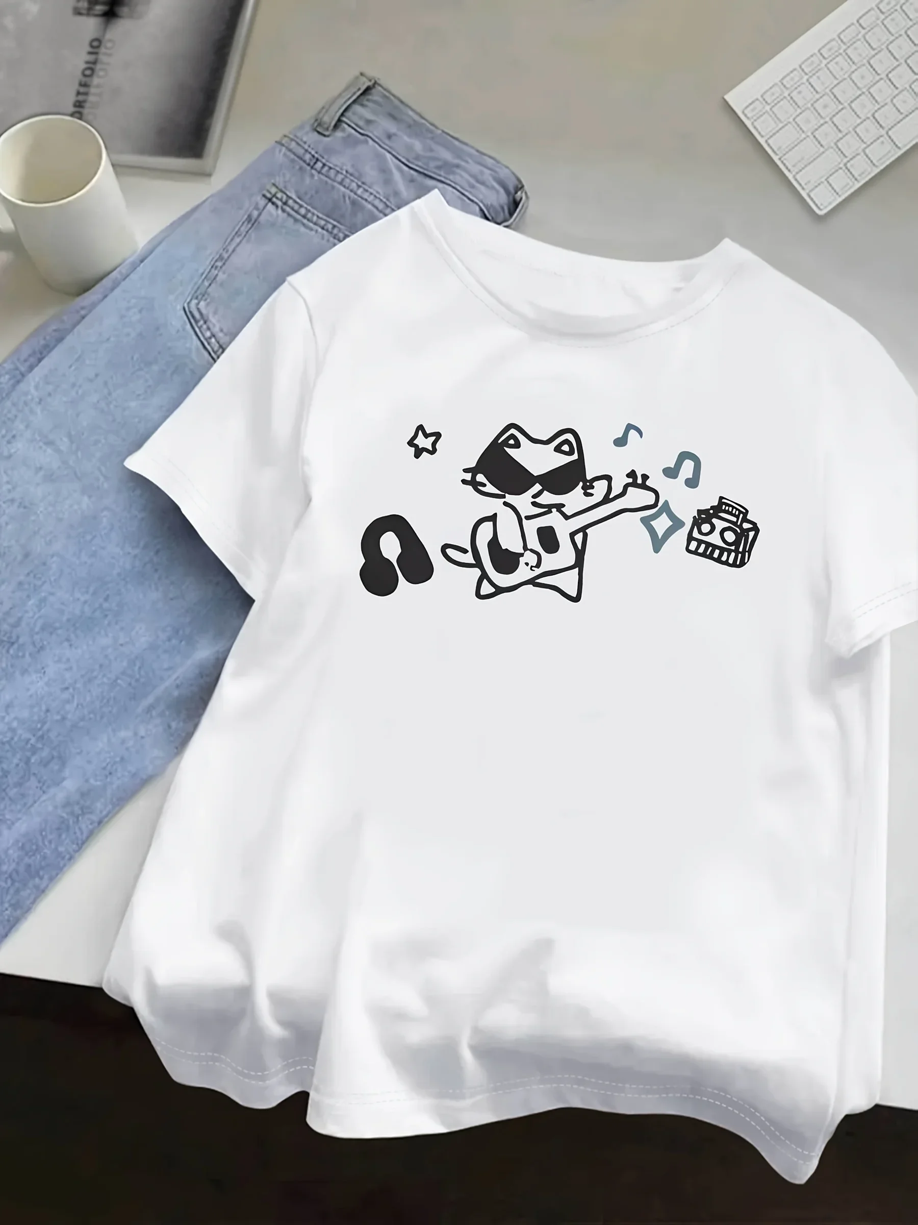 Camiseta de manga corta informal con cuello redondo para mujer ropa de calle Harajuku camisetas de moda con bonito gato tocand