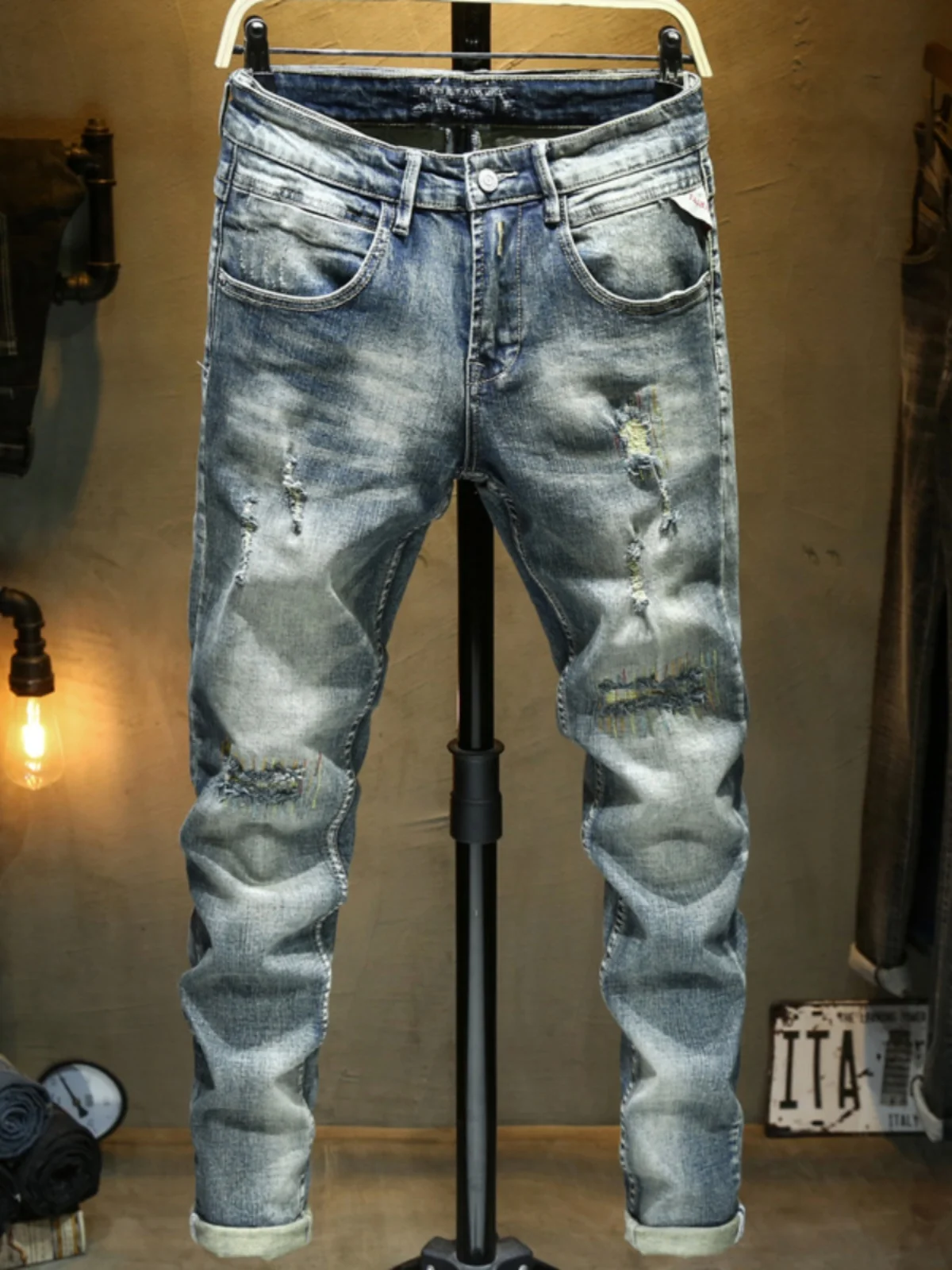 

Мужские джинсы в стиле ретро, синие, облегающие, с пэчворком, модные корейские, потертые, длинные брюки из хлопкового стрейч-денима, повседневная одежда