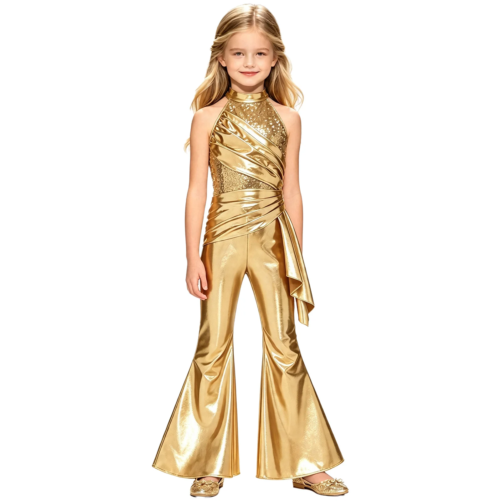 Kids Flared Pants Rompers for Jazz Dance Costume Girls Halter Jumpsuit Childs Sleeveless Sequined Metallic 70s 80s Disco Outfit