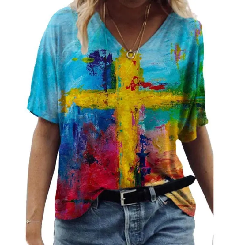 Women V Neck T Shirt Graffiti Jesus Graphics Short Sleeve Tops Summer Fashion Casual Harajuku Oversized Tshirts Female Clothing