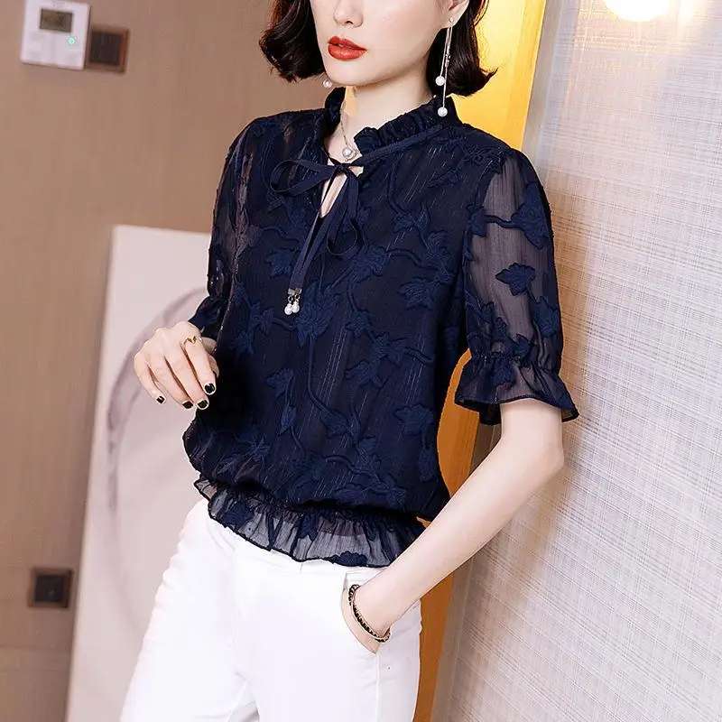 Fashion Floral Printed V-Neck Blouse Commute Women\'s Clothing Casual Drawstring Bow Summer New Short Sleeve Shirring Waist Shirt