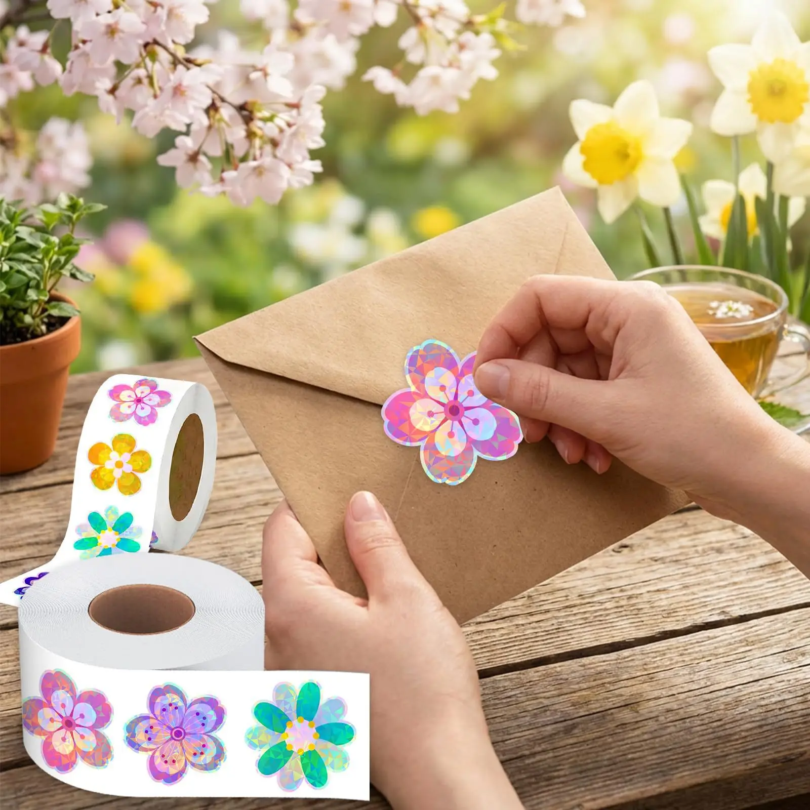 500pcs 1" Laser Flower Sticker Roll Cute Flower Shape Sealing Sticker Color Waterproof Self-adhesive Sticker Gift Packaging Stic