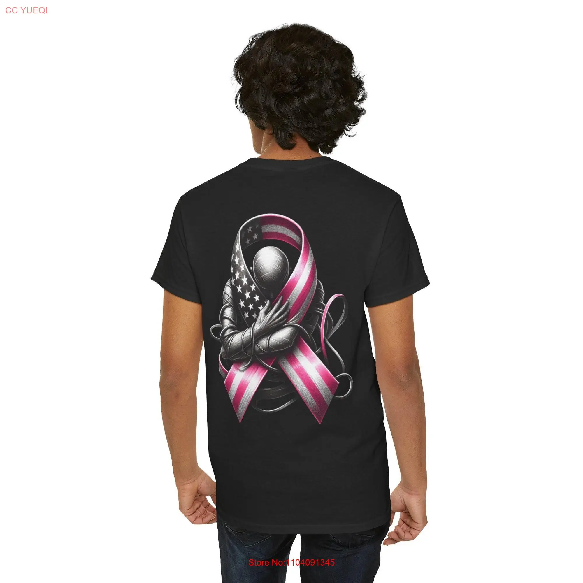 American Flag Cancer Ribbon Heavy Cotton T Shirt long or short sleeves