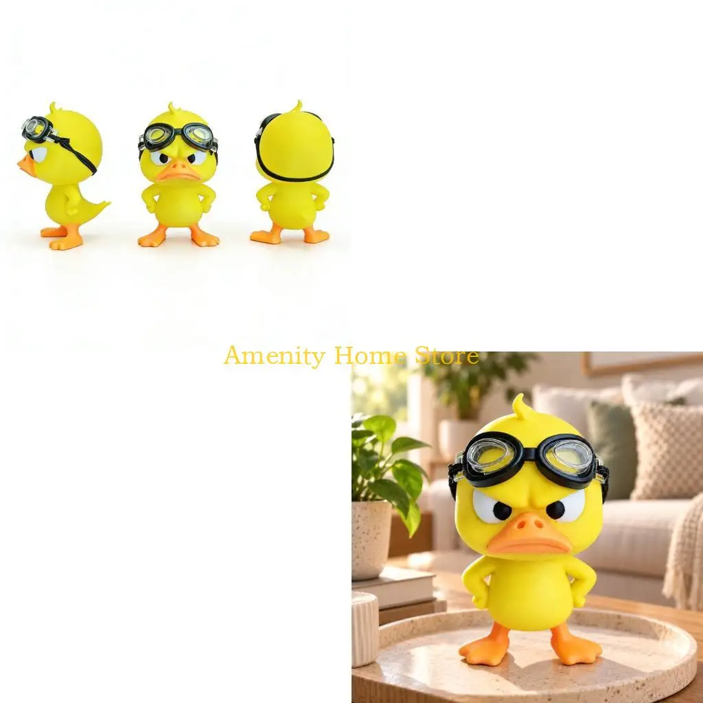 F26C Expressive Angry Duck Figurine Set, Two Funny Plastic Ornaments with Swimming Goggles and Hands-on-Hips Poses for Cabinet