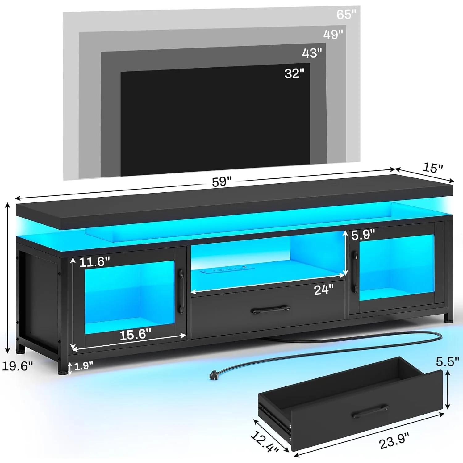 TV Stand for 55/60/65 Inch TV, Entertainment Center with Drawer, TV Stand with Power Outlets & LED Lights, Glass Door Cabinet