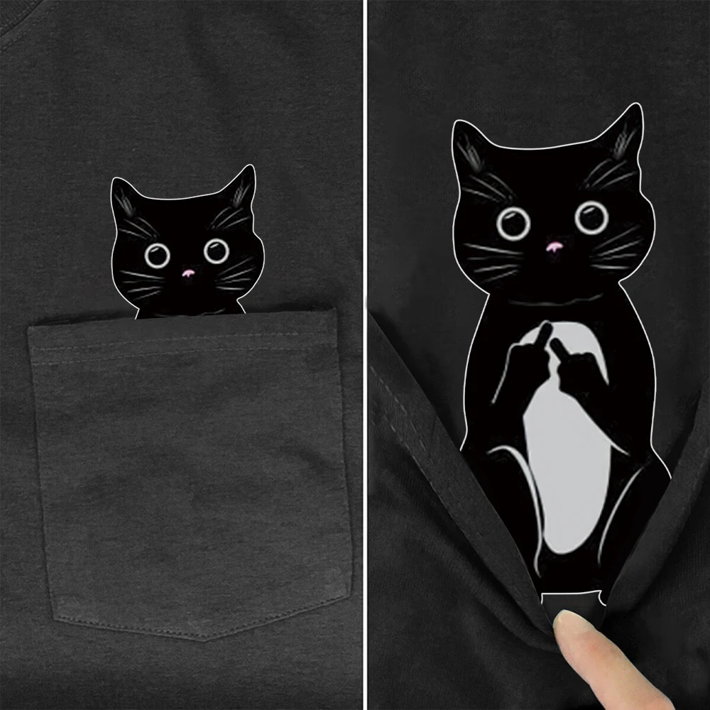 CLOOCL Animal Cotton T-Shirts Cartoon Black Cat Double Middle Finger Pocket T-shirt Mens Women Short Sleeve Shirts Dropshipping