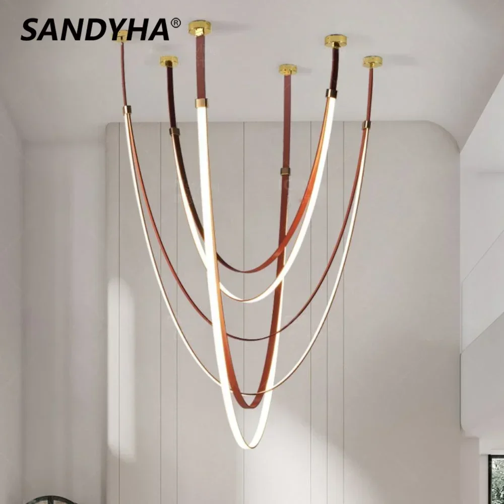 

SANDYHA Post-modern Long Strip Belt Chandelier for Living Room Creative Led Pendant Light Villa Hall Bedroom Home Decor Hanglamp