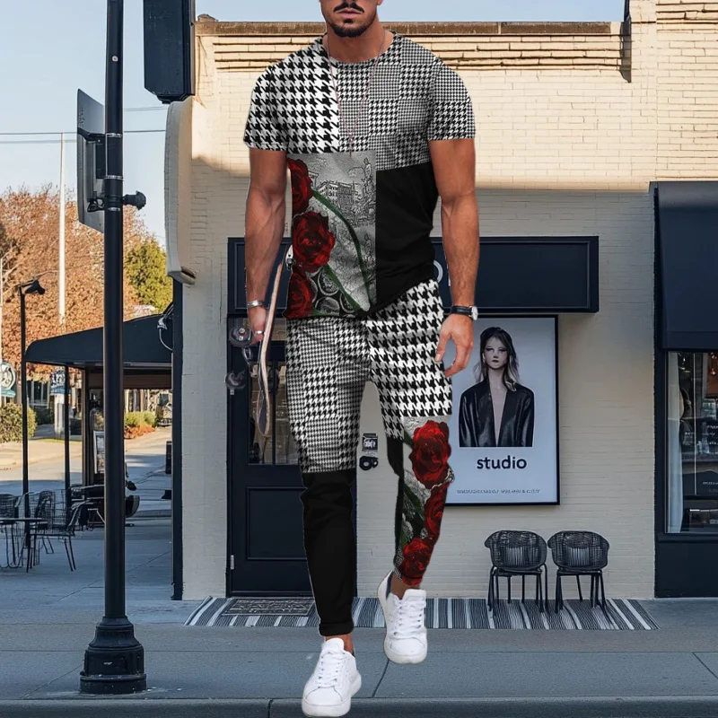 

Men's Summer New Suit Gradient Color Trendy Short Sleeved T-shirt Long Pants 2-piece Suit 3D Printed Retro Style Round Neck Clot