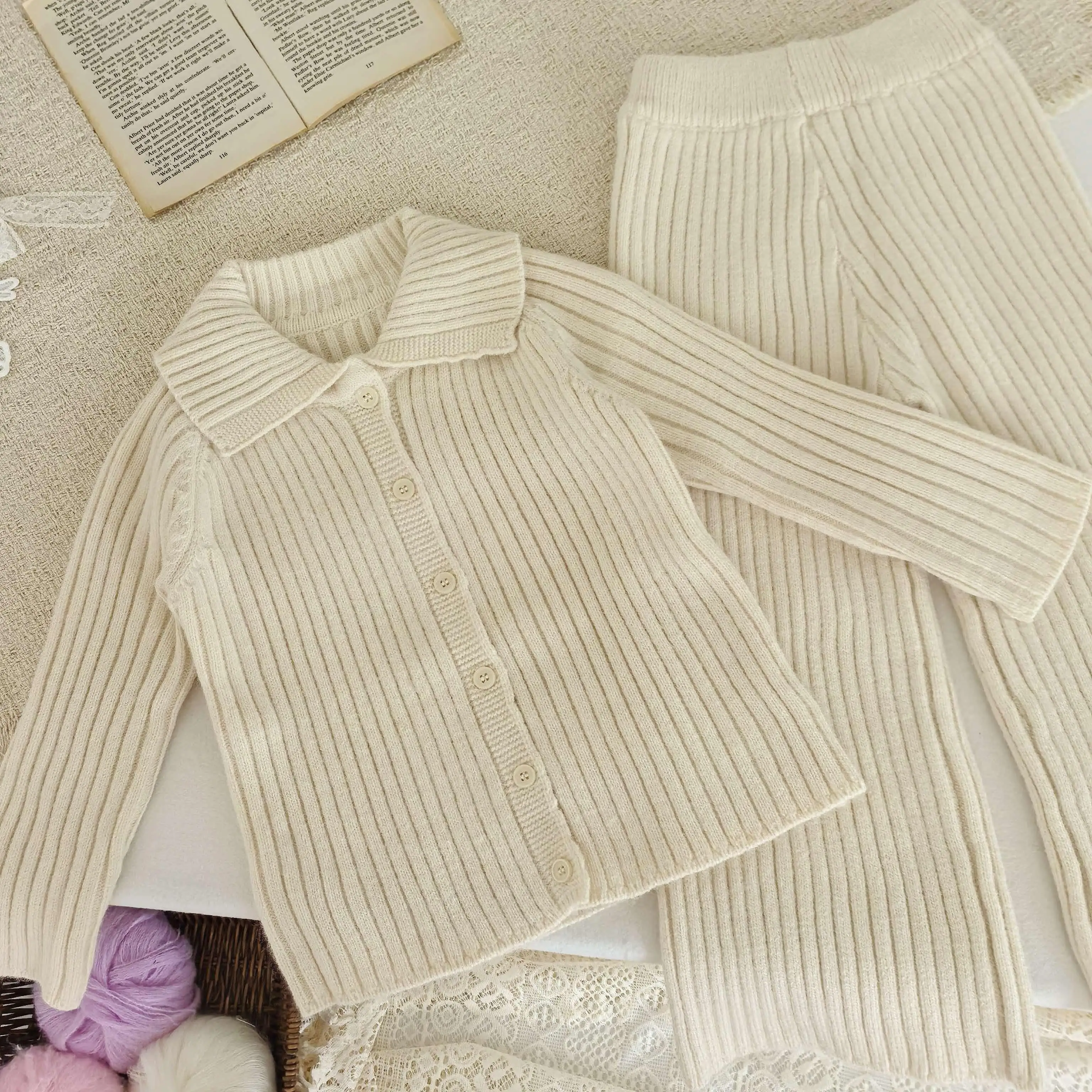 Toddler Baby Girls Ribbed Knit 2 Piece Outfit Lapel Button Cardigan + Wide Leg Pants Set Kids Spring Autumn Suit White Red Light