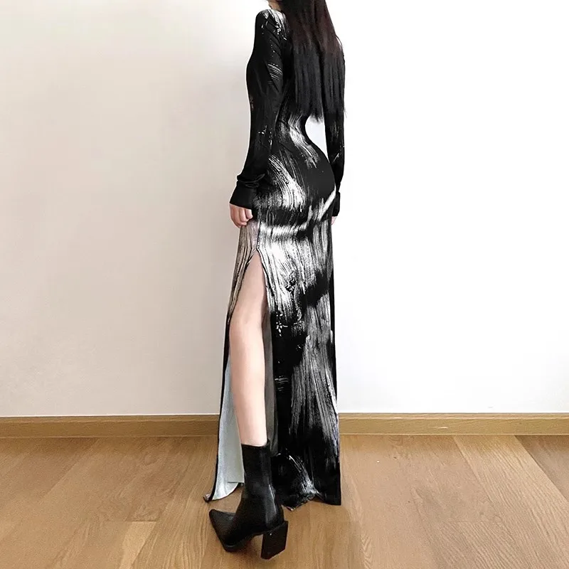 ชุดเดรสยาวแฟชั่นฤดูร้อนสำหรับผู้หญิง ดีไซน์หรูหรา ทันสมัย สไตล์เรโทร ลายมัดย้อม เซ็กซี่ รัดรูป ผ่าข้าง ตัดสี