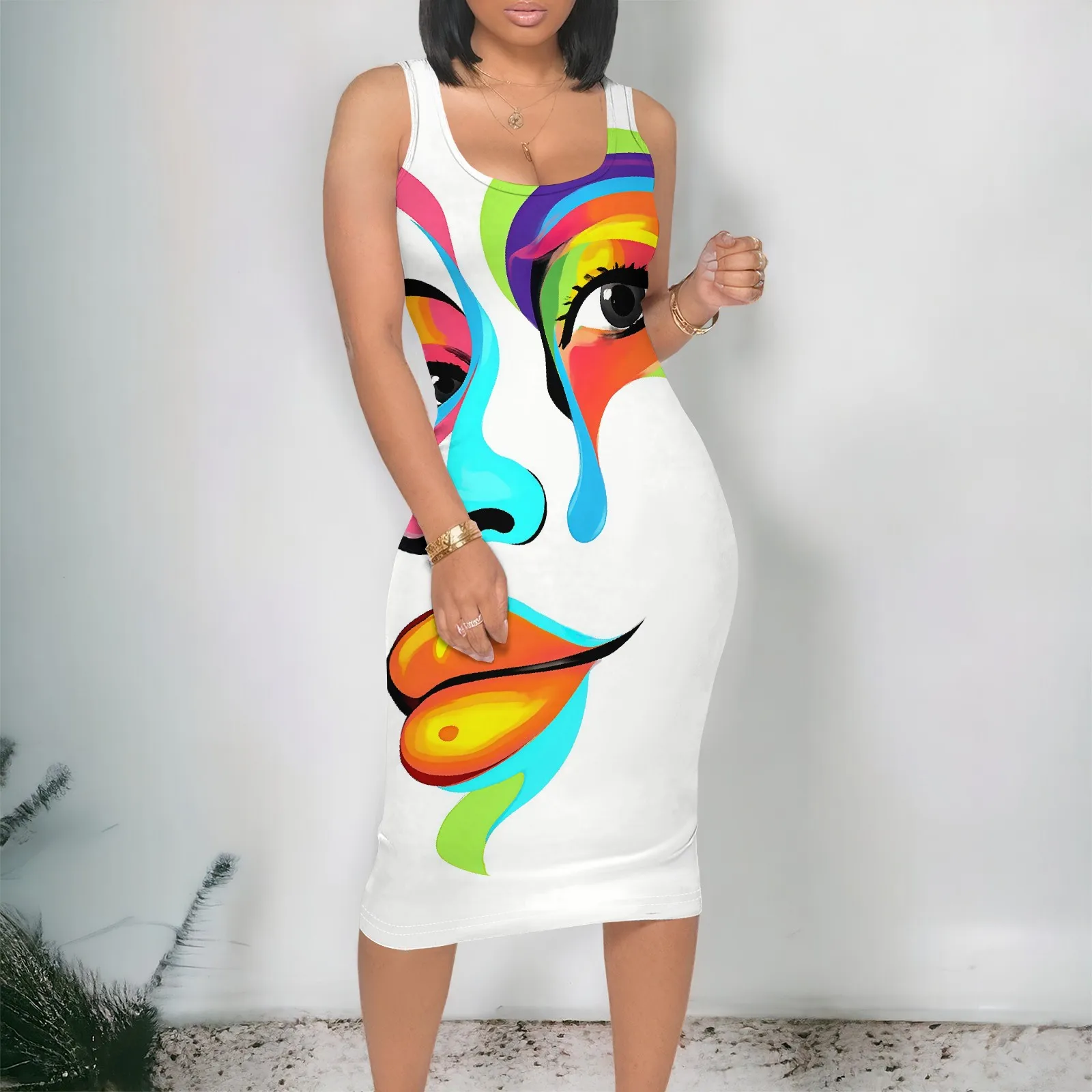 

Colorful Face Art Tank Dress S-3XL Abstract Afro Expression Style Bodycon for Juneteenth, Art Parade or Black Culture Festival