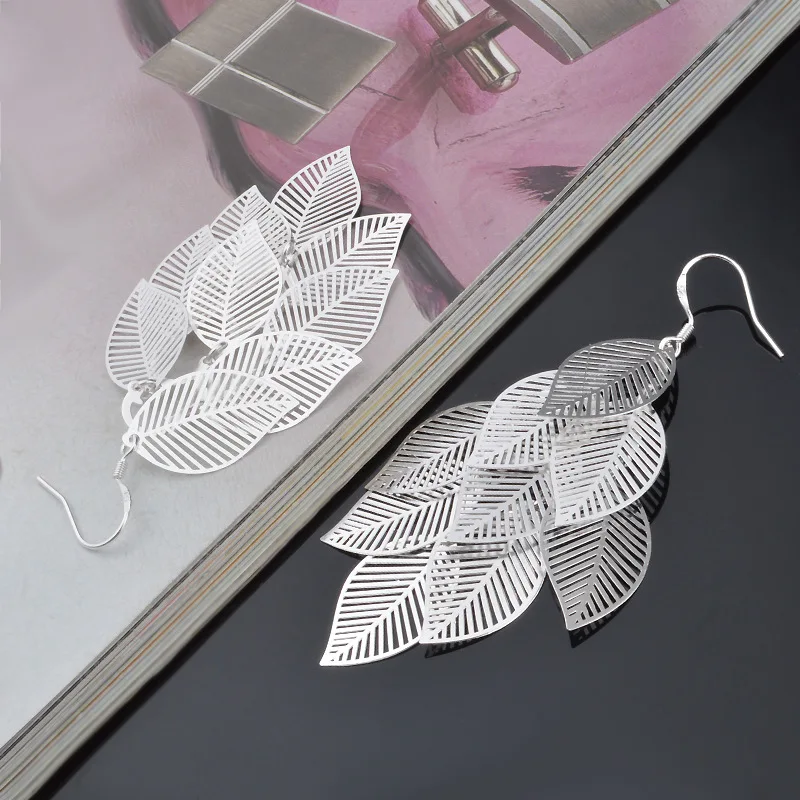 Fine 925 Sterling Silver Tassel Layered Leaves Drop Earrings for Woman fashion party Trendsetter wedding Jewelry Holiday gift