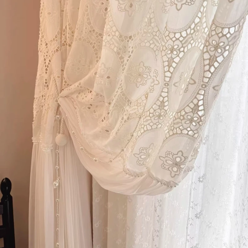 French European Cream Medieval Hollow Retro American Light Luxury Style Embroidery Living Room and Restaurant Atmosphere Gauze