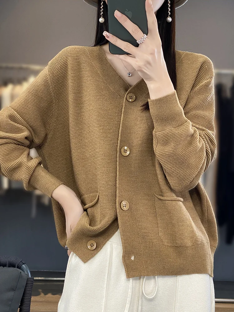 Linen Cardigan Sweater Women V-neck Long Sleeve Top Korean Style New In Outerwears Mujer Knitwear Pockets Designer Spring Clothe