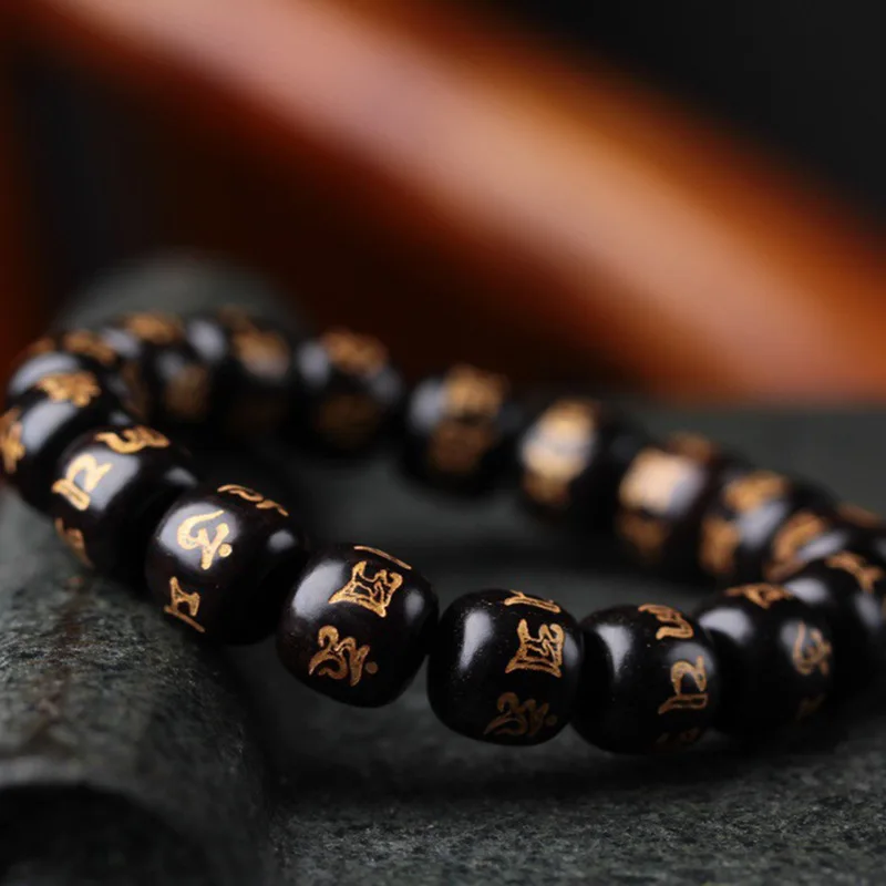 Ebony wood barrel beads, fully engraved with the six-character mantra, 1.2*17 beads, unisex decorative prayer beads