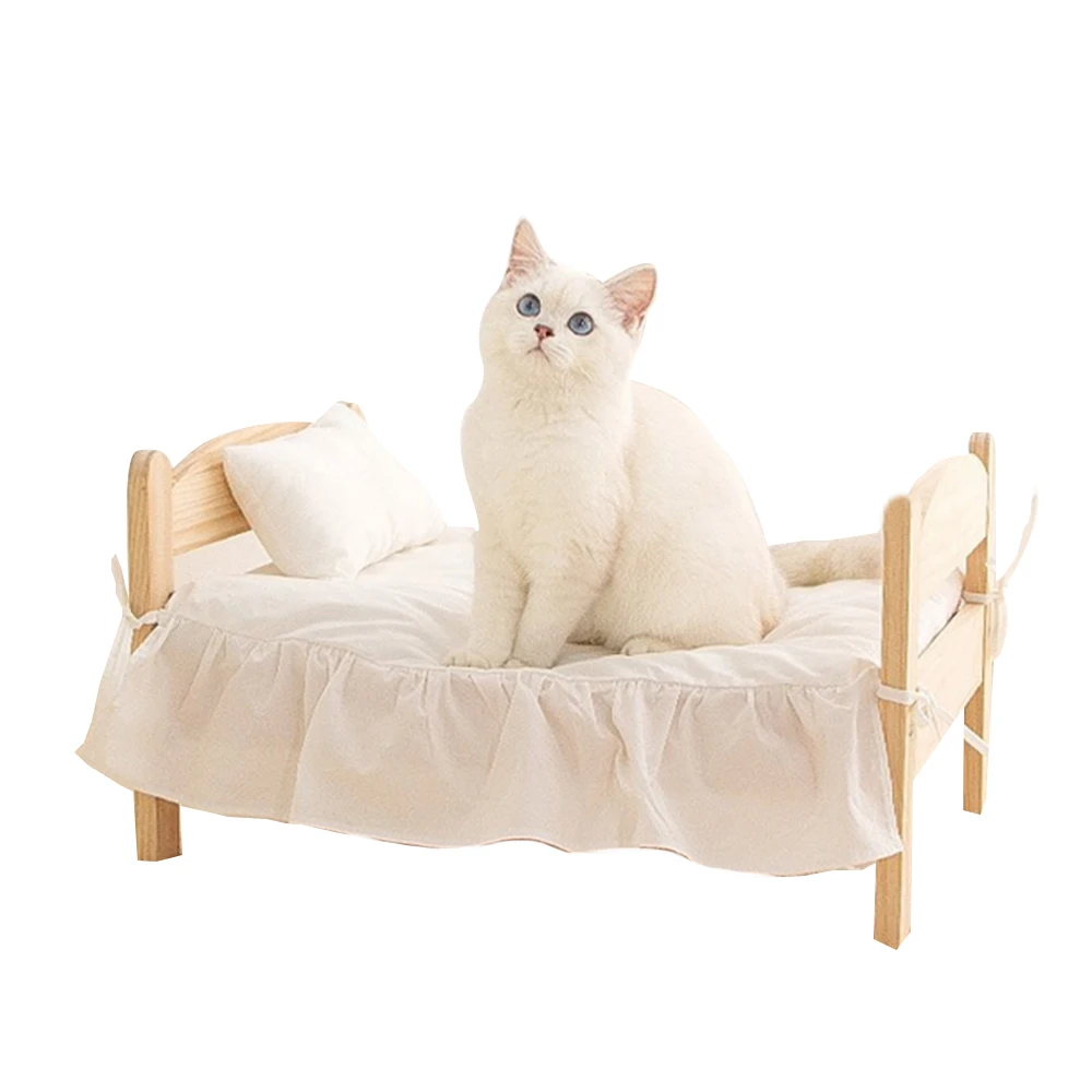 Genuine Dog Cat Bed, Wooden Cat Bed with Pillow & Cushion 3 Pattern Bed for Small Cat to Big Cat, Small Dog Bed