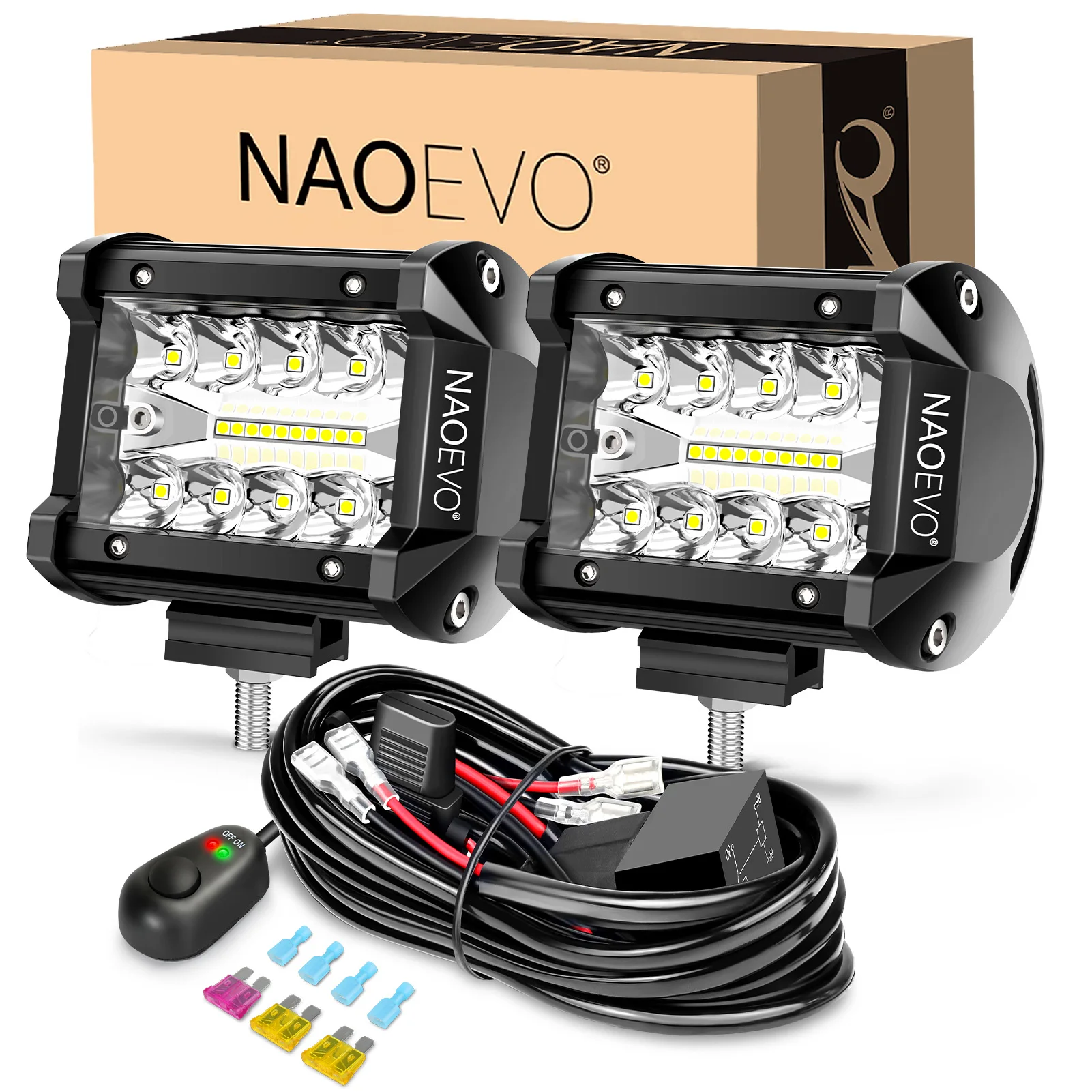 NAOEVO 4 Inch 2Pcs LED Pod Lights Spot Flood Combo LED Fog Driving 4x4 Off Road Lights Work Lights for Truck Boat ATV UTV Jeep