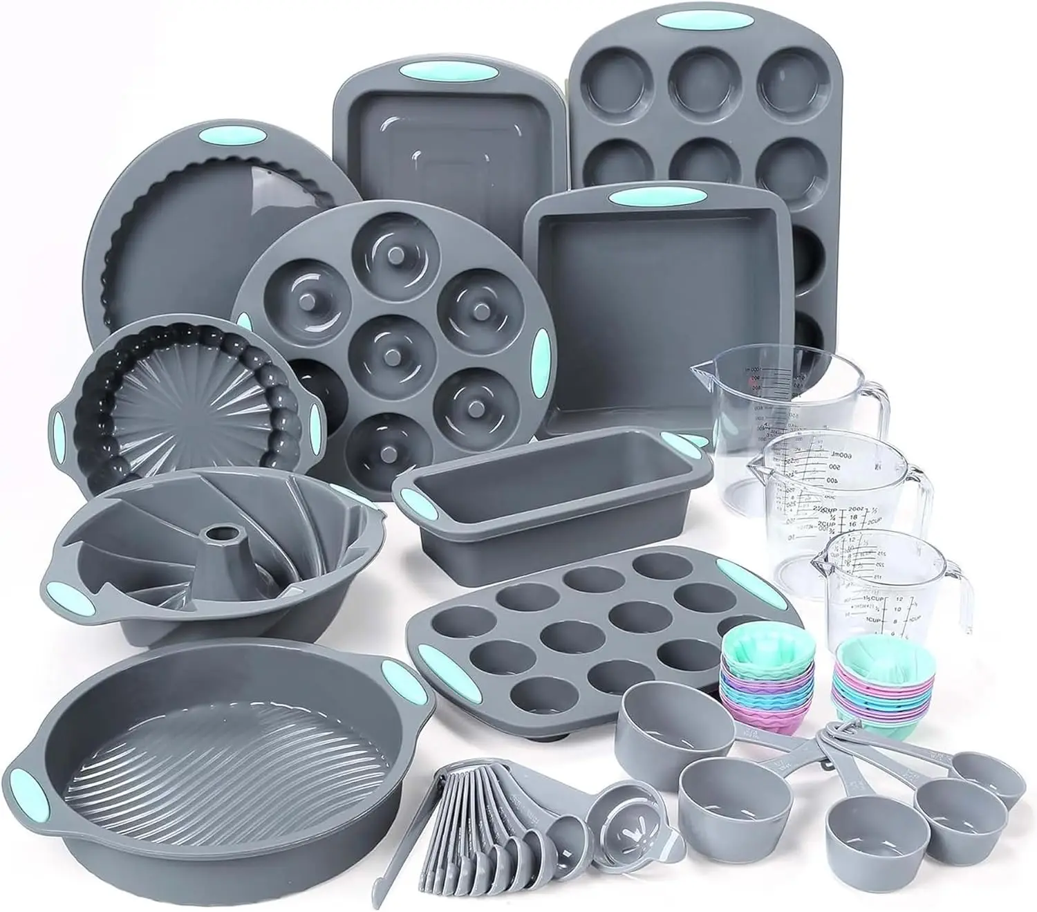

54-Piece Silicone Baking Set with Cake Molds, Loaf Pan, Muffin Pans, Measuring Cups & Spoons, Non-Stick Grey