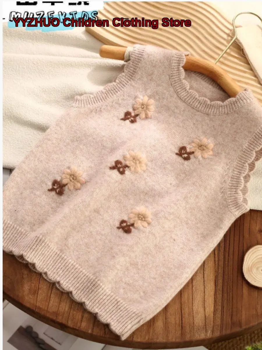 Girls Embroidered Knit Vest Top Kids Solid Color Fleece Lined Cashmere Waistcoat Older Kids Cute
