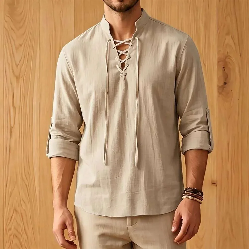 Men Retro Medieval Lace‑Up Stand Collar Shirt, Adjustable Roll‑Up Cuffs Long‑Sleeve Top for LARP, Fashion Casual Daily Wear