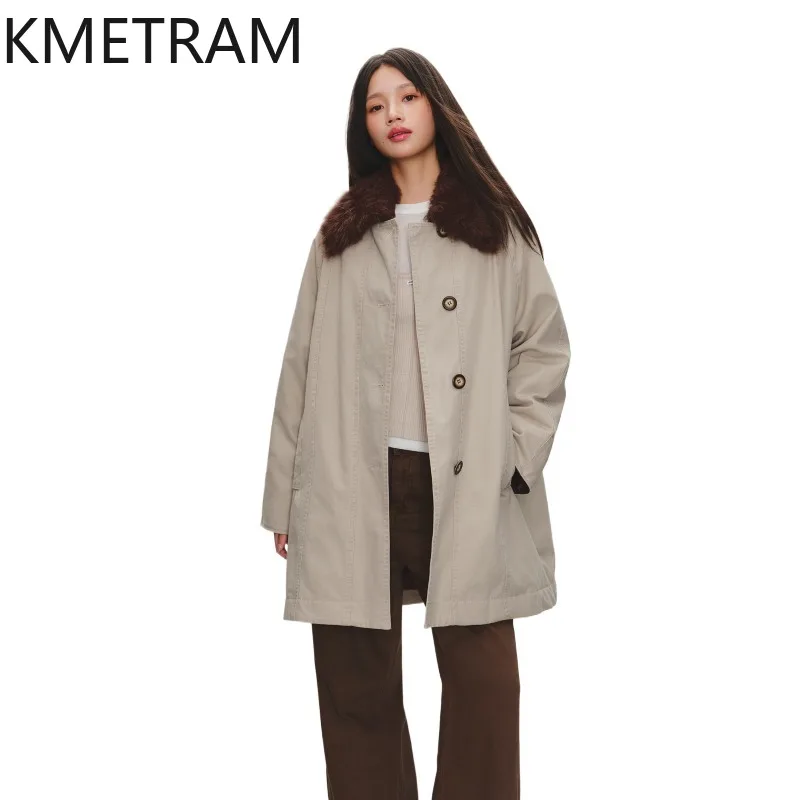 KMETRAM 90% White Goose Down Puffer Jacket Tuscan Sheep Fur Collar Women's Down Coats and Parkas Loose Winter Coats for Woman 패딩
