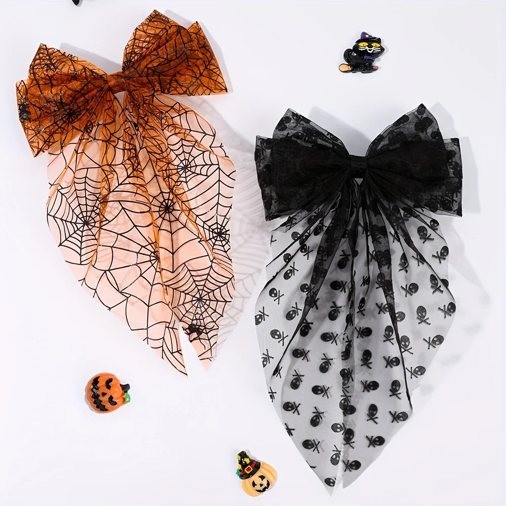 Vintage Fabric Bow Barrette with Spider Web Skull Print, Elegant Halloween Hair Accessory for Women Party Dress Up ﻿ ﻿