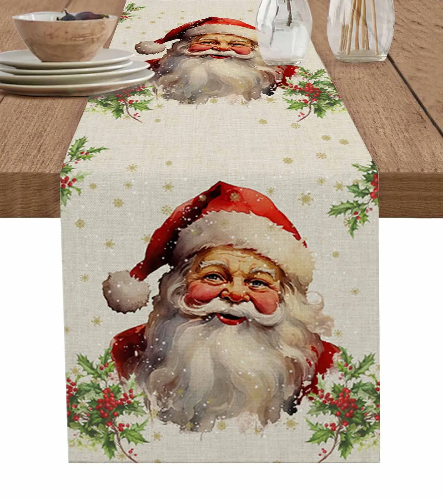 Christmas Santa Claus Snow Berries Table Runner Cotton Linen Wedding Decor Tablecloth Home Christmas Table Decor Table Runner