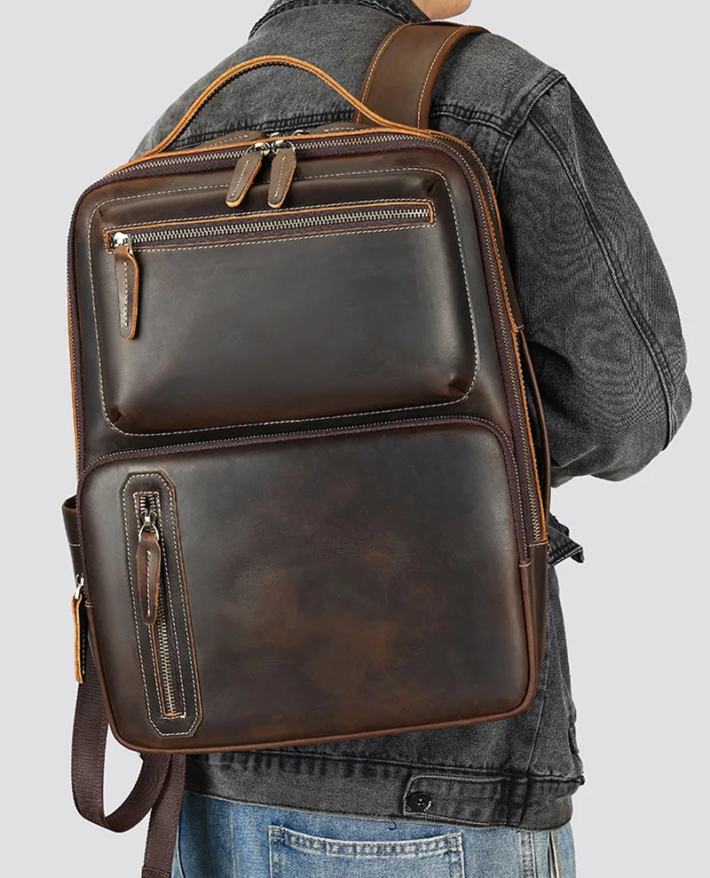 Vintage Genuine leather Men's Backpack Double Layer Bagpack Crazy Horse Heather Laptop Bag Handmade Cow Leather Travel Backpack