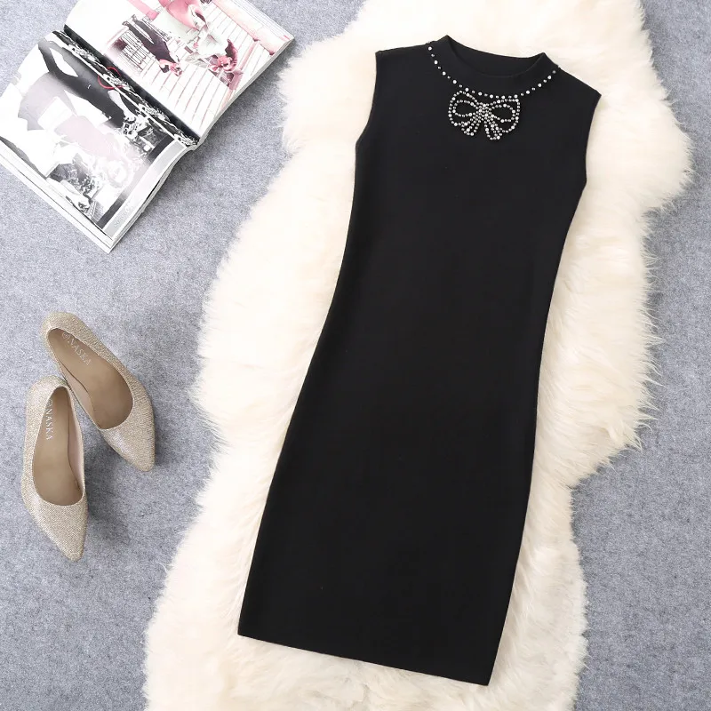 

Beaded Rhinestone Sleeveless knitted Vest Dress women knee length Slim package hip dress